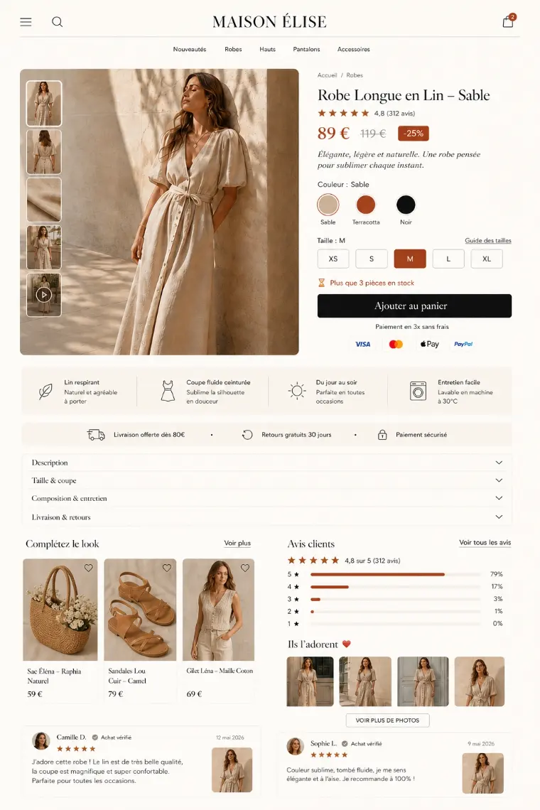 Création boutique Shopify 1 Exemple de fiche produit Shopify : photo, prix, tailles, ajout au panier et avis clients